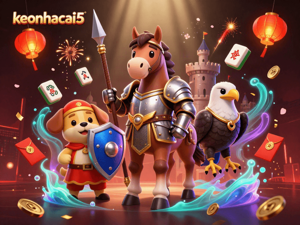 Keonhacai5 presents a lively 3D illustration of an armored knight, a puppy squire, and a falcon amidst festive gambling elements.