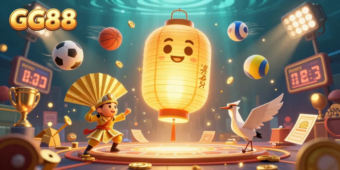 Experience the excitement of GG88 with vibrant 3D casino illustrations featuring dynamic sports elements and glowing lucky symbols.