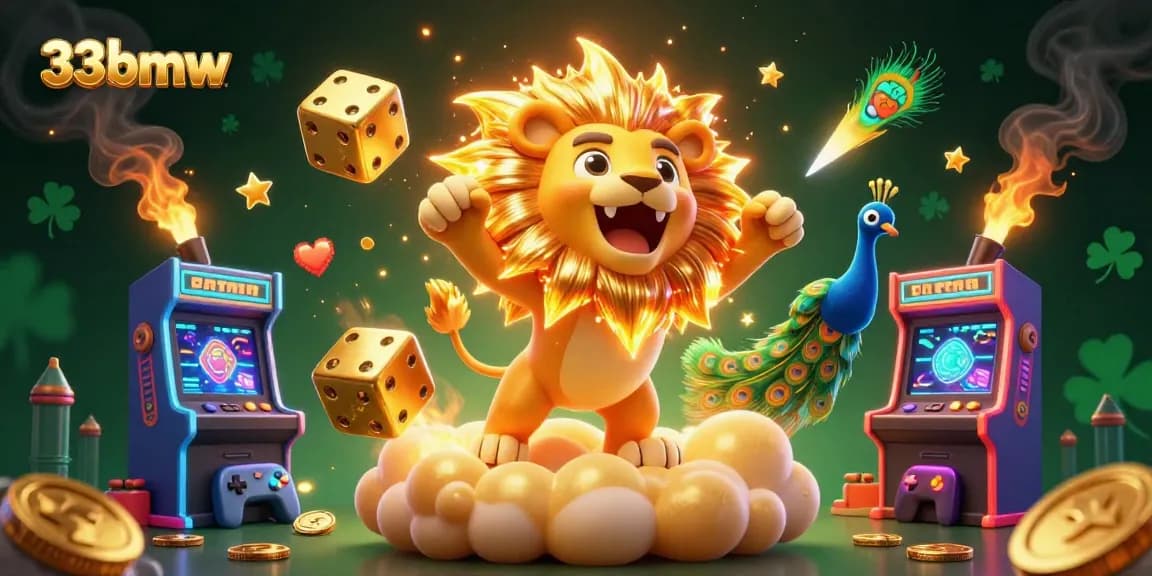 Players enjoy thrilling 33bmw games amid colorful arcade machines and golden dice in a vibrant casino scene.