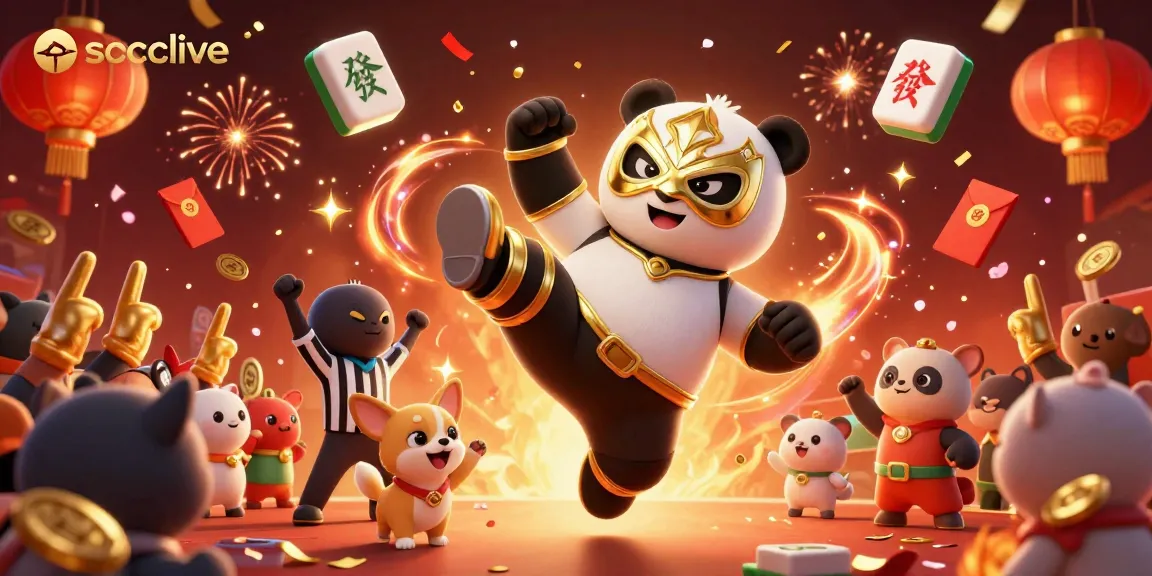 Socolive showcases thrilling sports action with a panda wrestler and cheering crowd, using vibrant colors and dynamic elements.