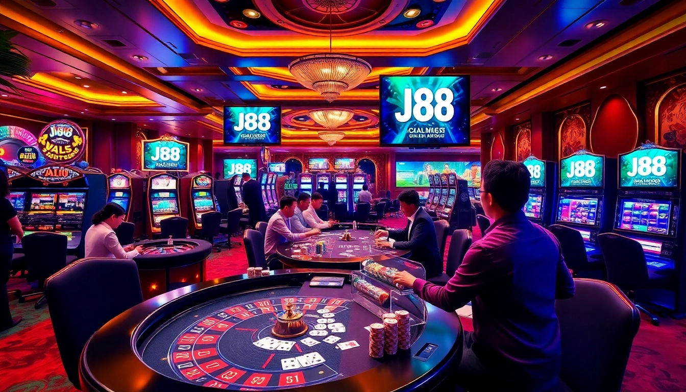 Experience the thrill of J88 casino gaming with vibrant players at roulette and slot machines.