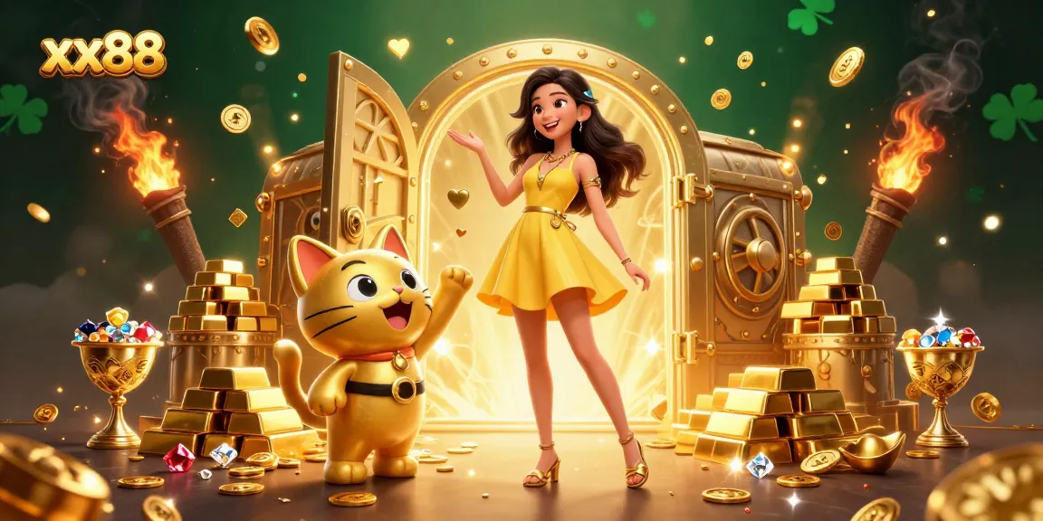 Engage with the excitement of xx88, a vibrant casino scene with a cheerful Asian woman and a lucky cat celebrating wins.