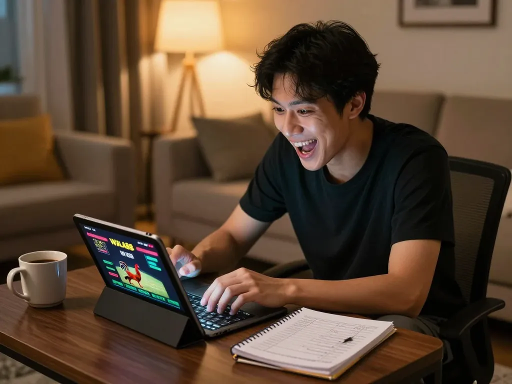 Wala88 user engaging in live cockfighting betting from home, showcasing focused gameplay and strategic betting action