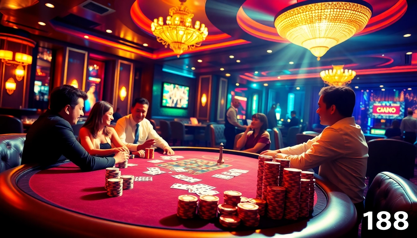Engaged players strategizing at the F168 casino poker table with vibrant chips and cards.