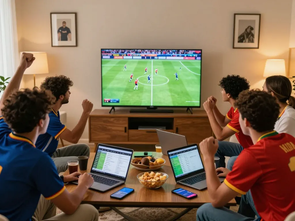 Exciting gathering to vào bóng 1gom while watching a live football match with friends.