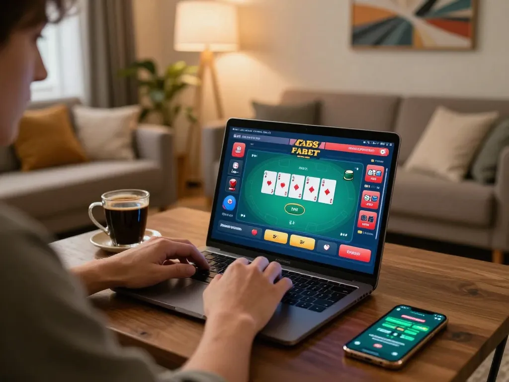 Engaged player enjoying poker on fabet's online platform in a cozy living room setting
