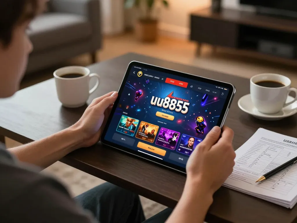 Playing uu8855 casino app on tablet with strategy notes in a cozy home setting.