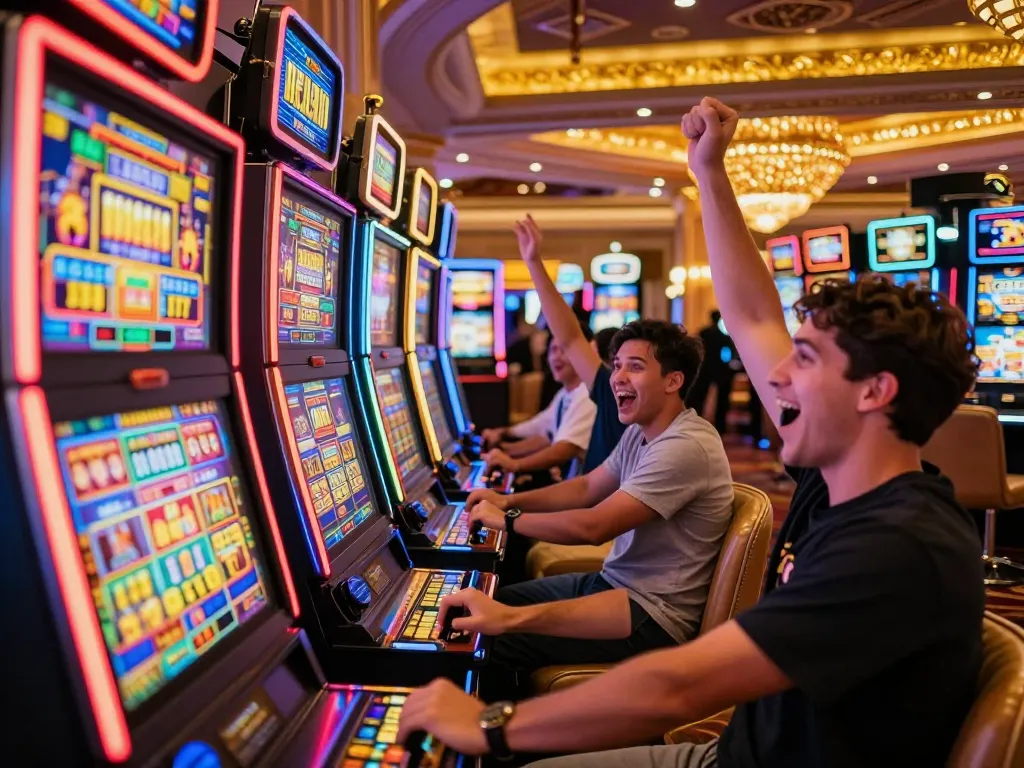 Sunwin players celebrating a win at a colorful slot machine in a luxurious Las Vegas casino atmosphere.