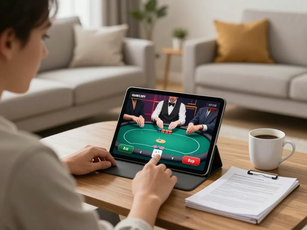va88 user enjoying online poker gameplay at home with tablet and strategy notes