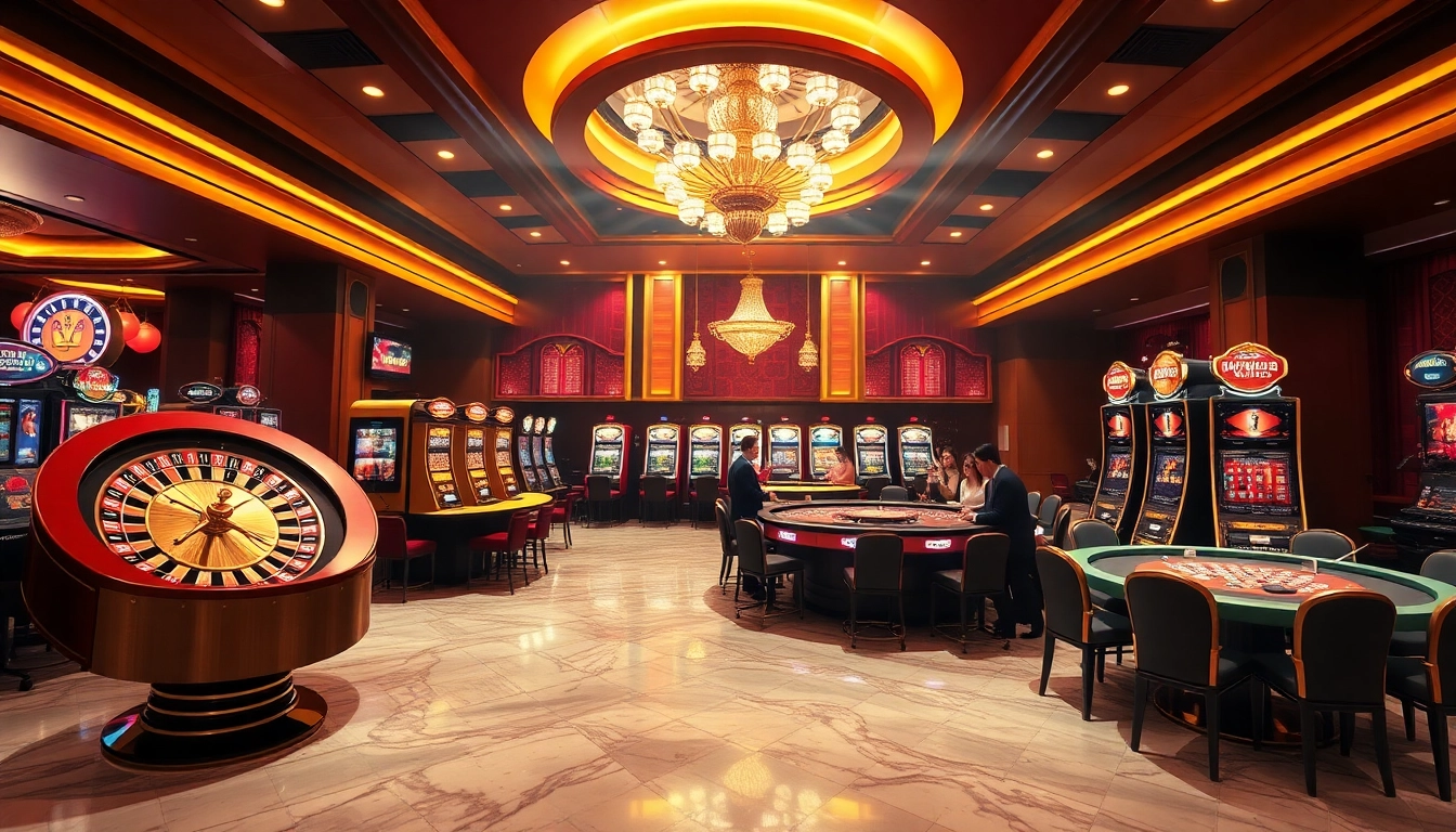Experience the excitement at trang chủ hubet with a luxurious casino scene featuring diverse gambling games.