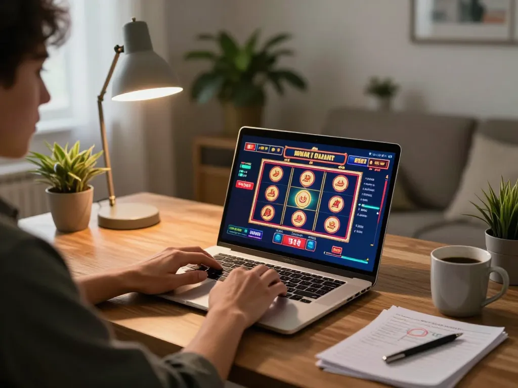 Engaging in online gaming with BET168 on a laptop, showcasing an inviting home environment for strategic gambling.