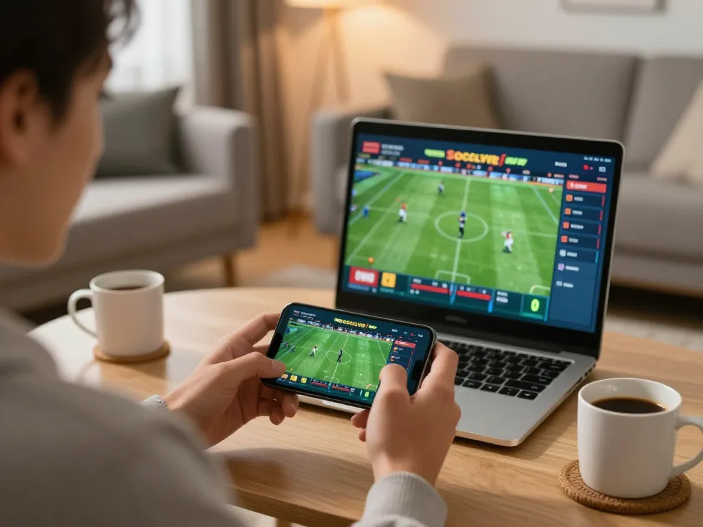 Socolive user placing sports bets from home on a smartphone, showcasing excitement in a cozy setting.