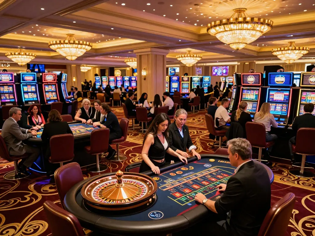 Players strategizing at games on https://da88at.com/ in a vibrant Las Vegas casino atmosphere.