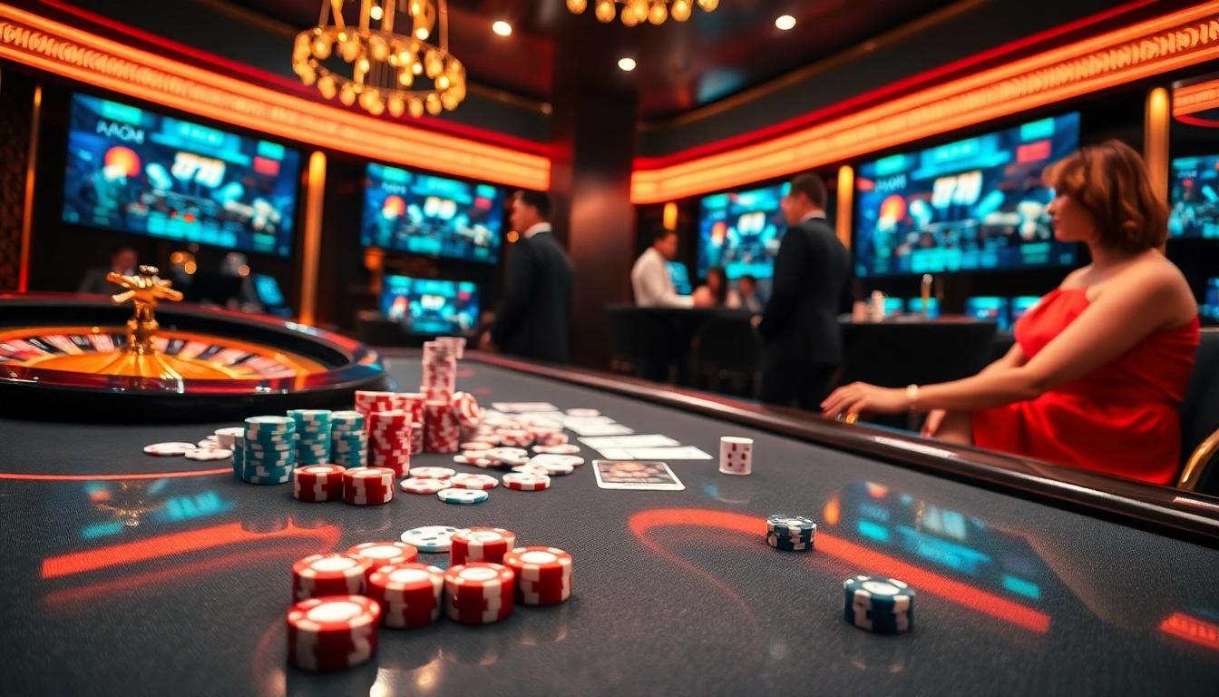 A lively casino table at https://g28.store/ showcasing poker chips and cards in an engaging gambling setting.