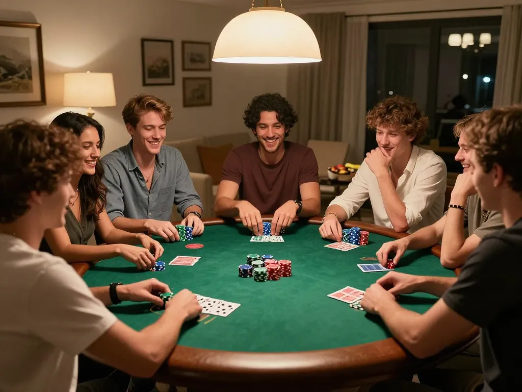 Bsport players enjoying a lively poker game night with friends around a round table.