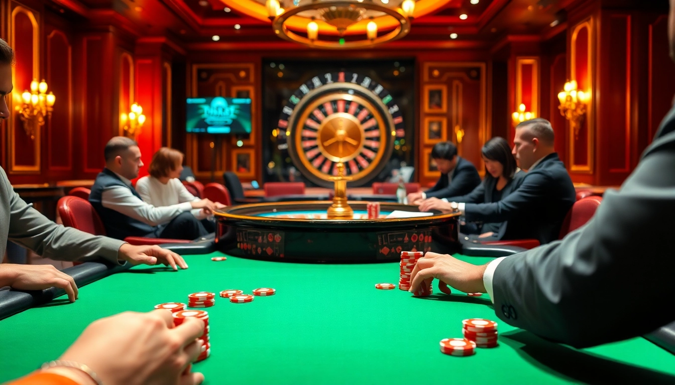 Exciting gaming scene at thabet com featuring vibrant casino tables and poker action.