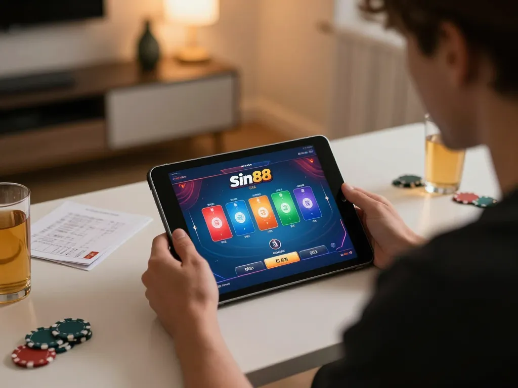 Engaging in sin88 online poker gameplay on a tablet at home, highlighting strategic gaming moments