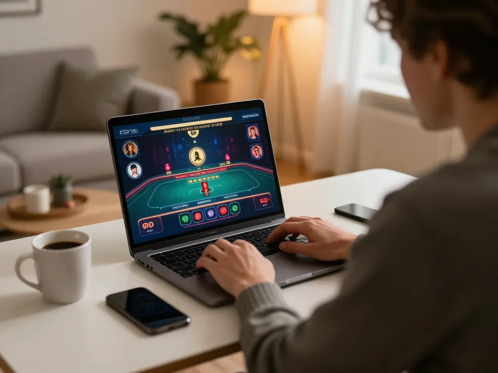 A player engages with a live dealer game on their laptop from a nhà cái uy tín setup, surrounded by a cozy atmosphere.