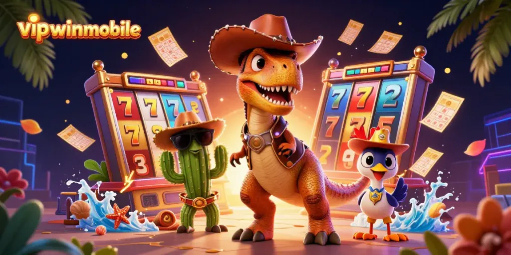 Join the excitement of vipwinmobile with a vibrant casino scene featuring a T-Rex and friends amidst colorful slot elements.