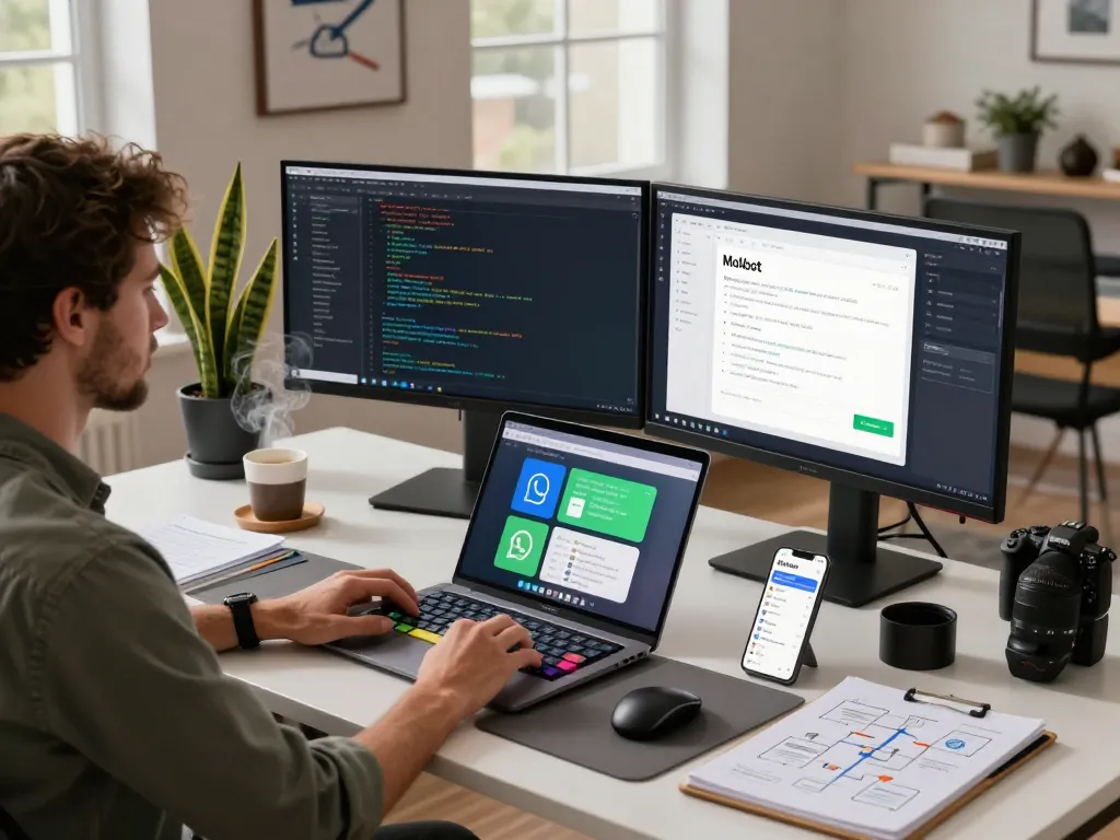Moltbot in action: Developer automating tasks using AI on dual monitors, showcasing a productive tech workspace.