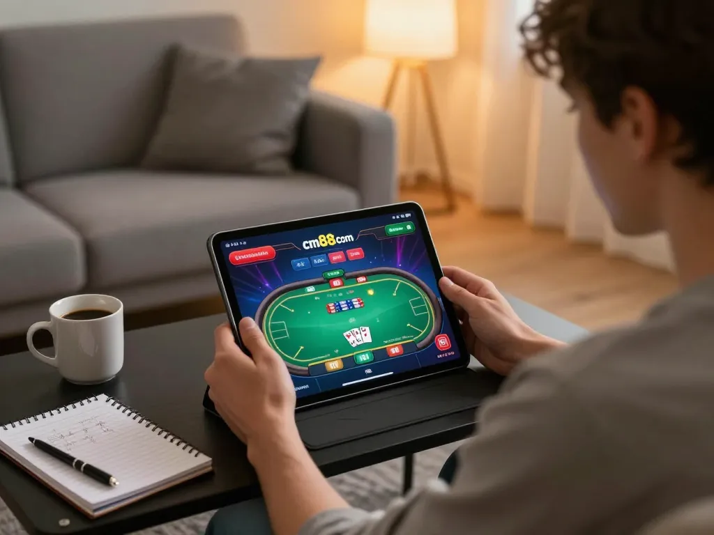 Player strategizing with cm88com poker game on tablet in cozy home atmosphere.