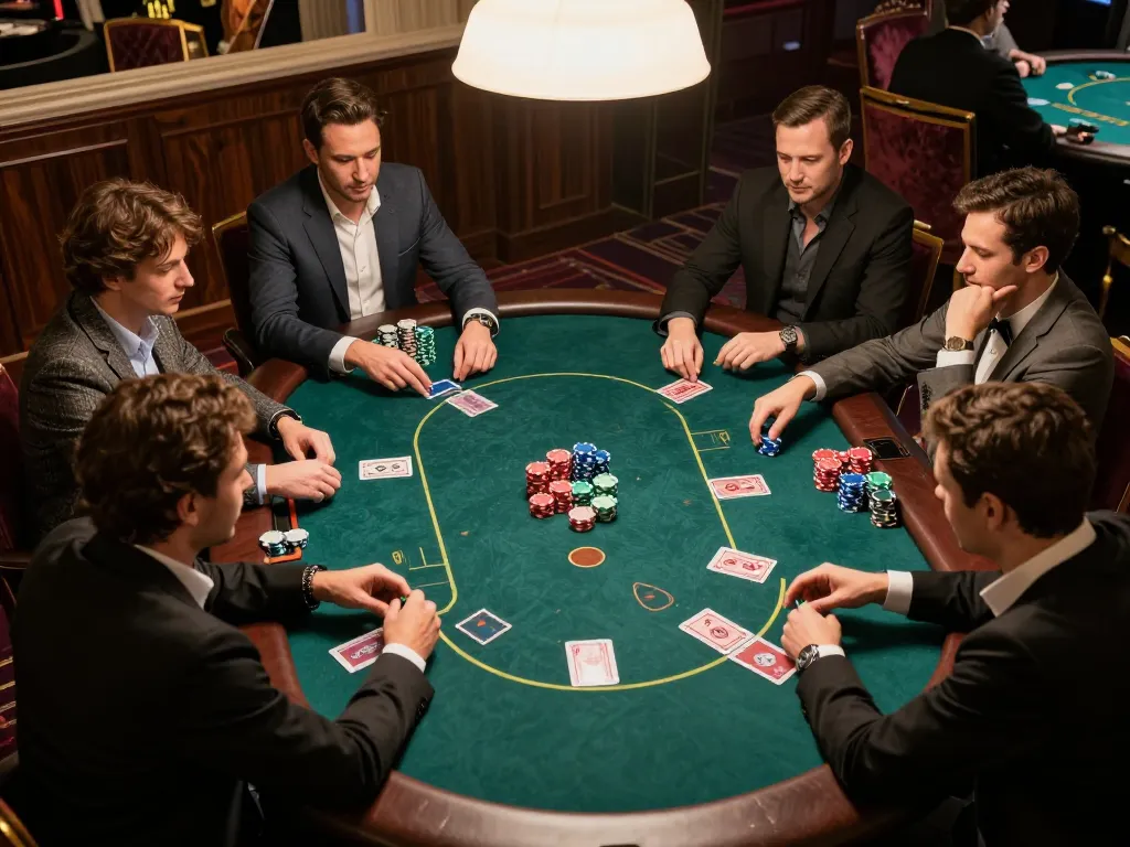Players strategize at the poker table in HI88's upscale casino environment, showcasing competitive gameplay.