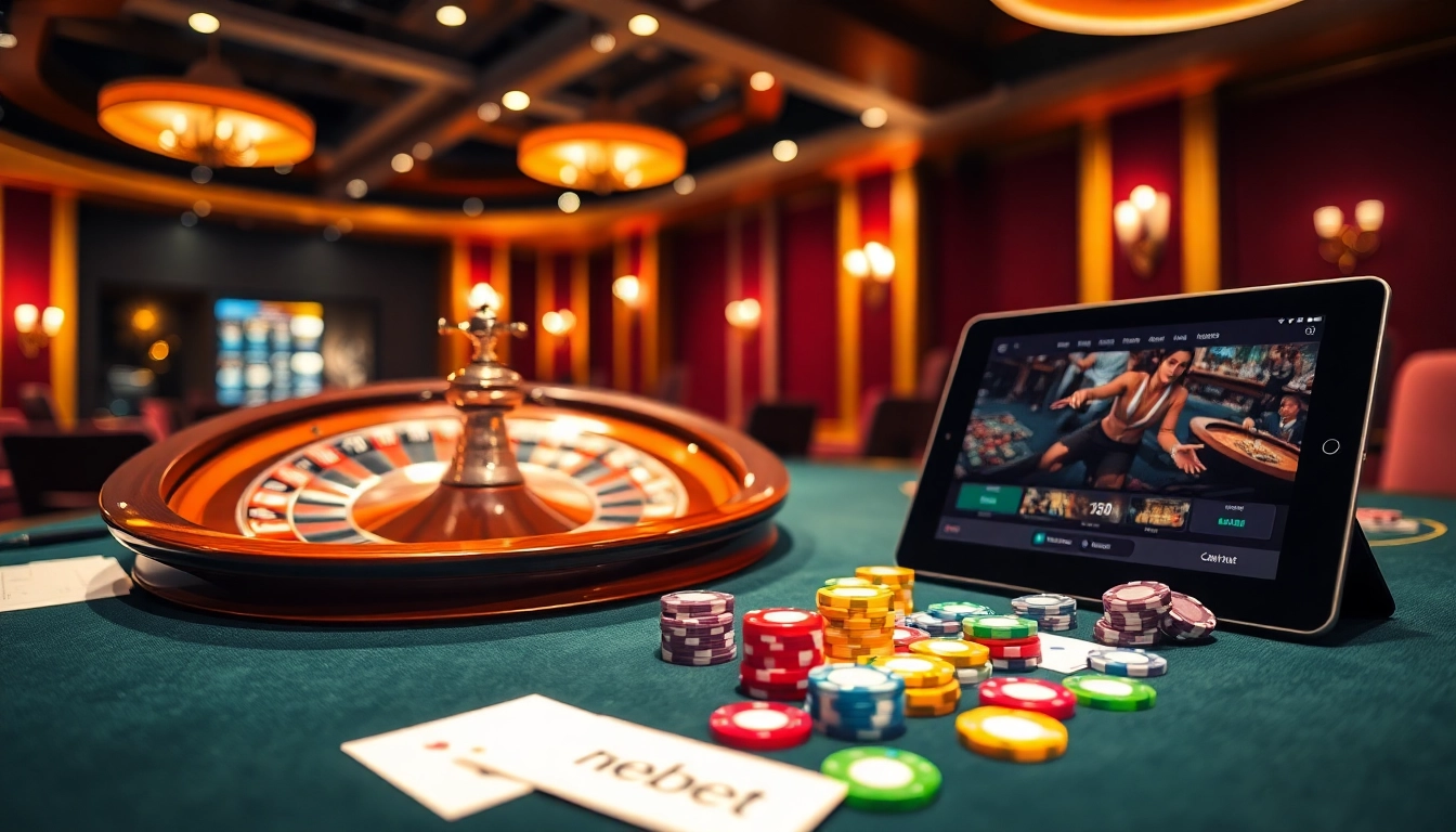 Engage with nbet. com's thrilling casino experience, featuring a vibrant roulette wheel and poker table.