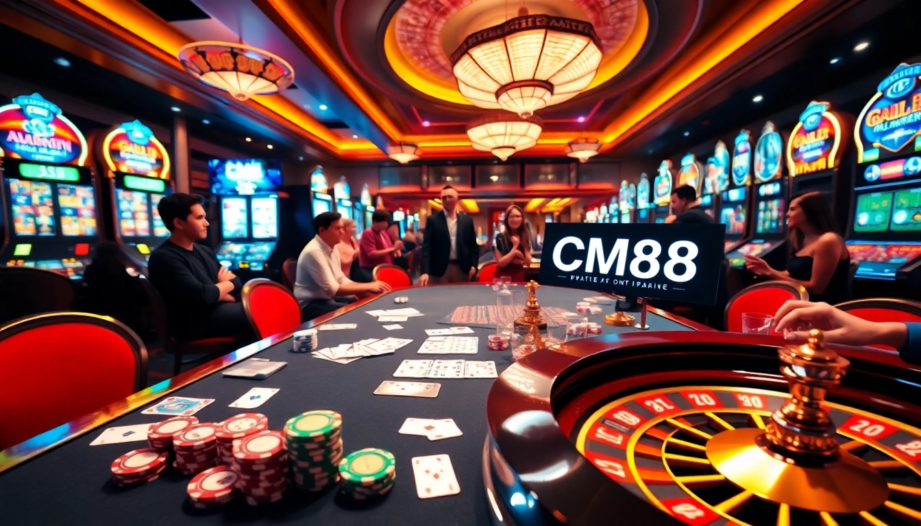Engaging gambling action capturing players at CM88's poker table with vibrant casino décor and thrilling gameplay.