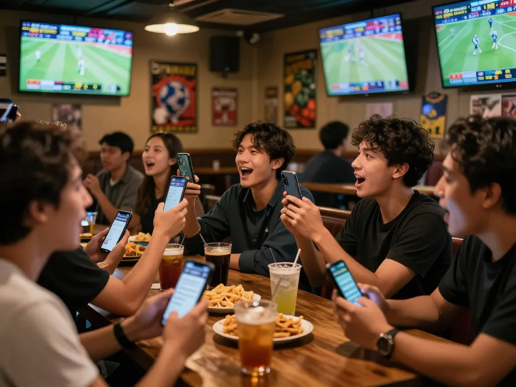 Patrons engaging in sports betting using kèo nhà cái on smartphones at a vibrant sports bar.