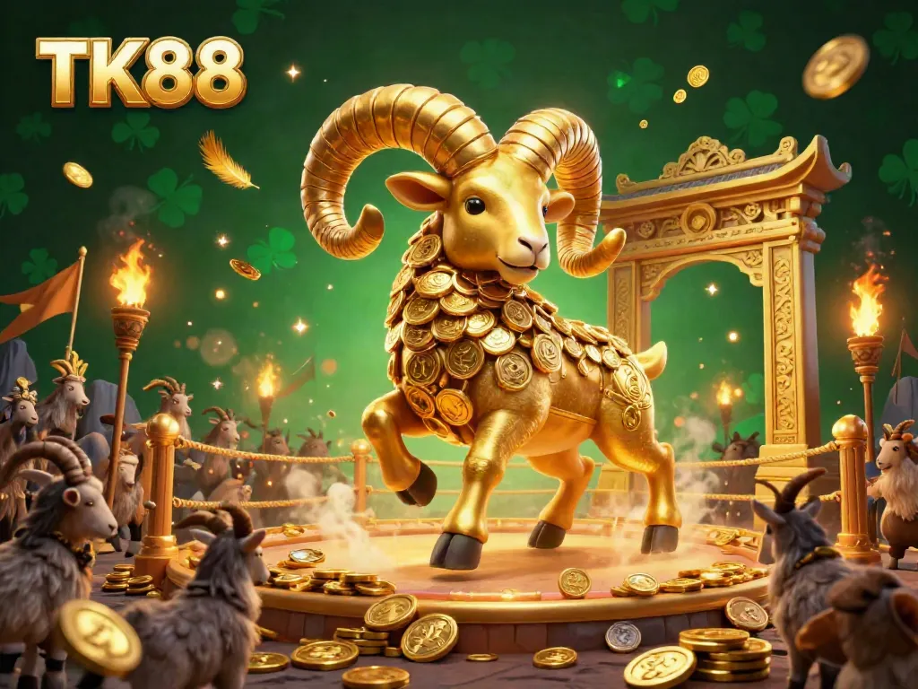 Experience winning moments at TK88 with a vibrant casino illustration featuring a majestic golden ram amidst dynamic betting elements.