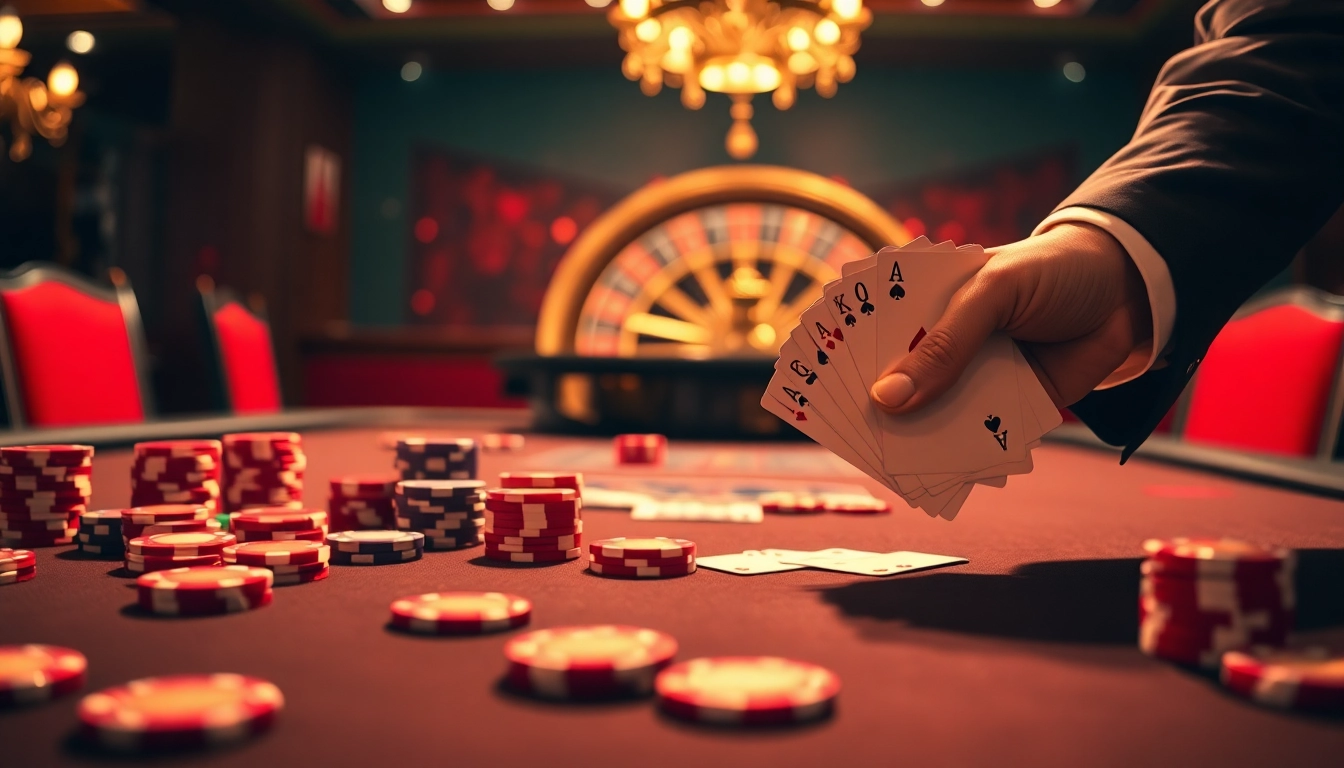 Experience the thrill of 7M gaming as a dealer shuffles cards at an elegant casino table.