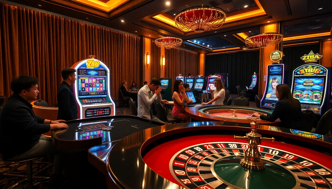 ZX88 casino atmosphere with vibrant slot machines and engaging players at roulette tables.