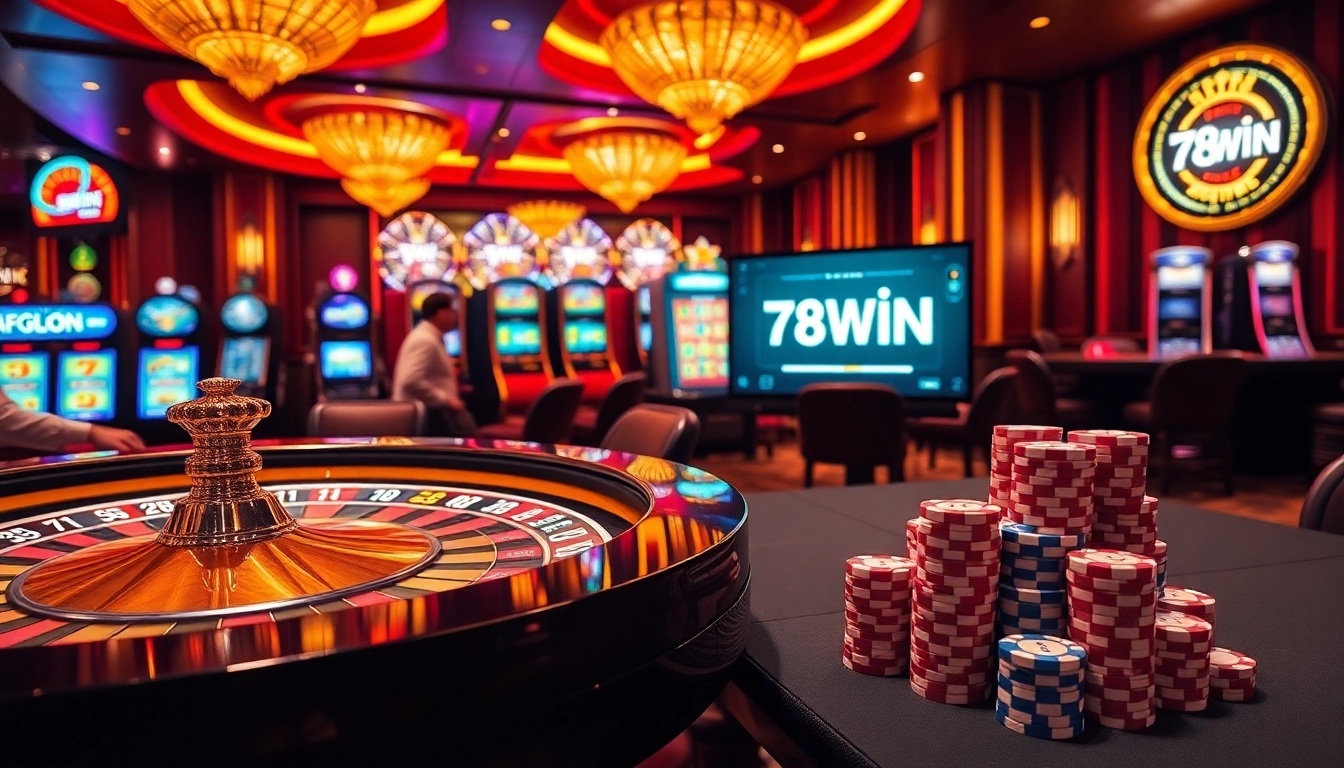 Experience thrilling gaming at 78WIN casino with poker chips and roulette tables.