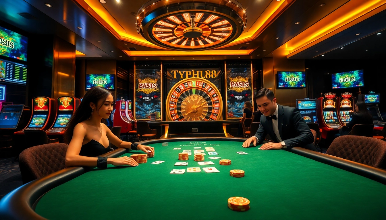 Experience the excitement of Typhu88 as players engage in high-stakes poker amidst a luxurious casino backdrop.