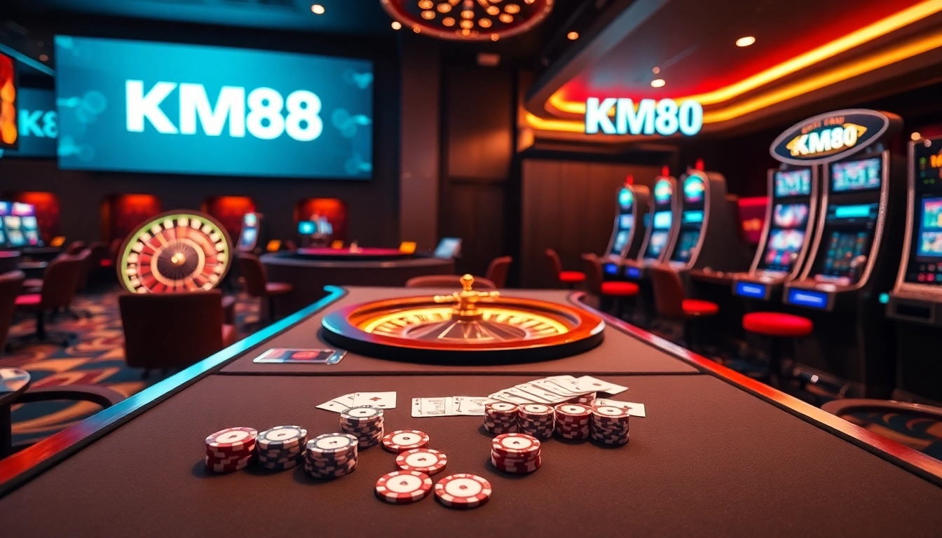 Experience thrilling gameplay at https://km88link.com/ with dynamic casino visuals, poker, and roulette tables.