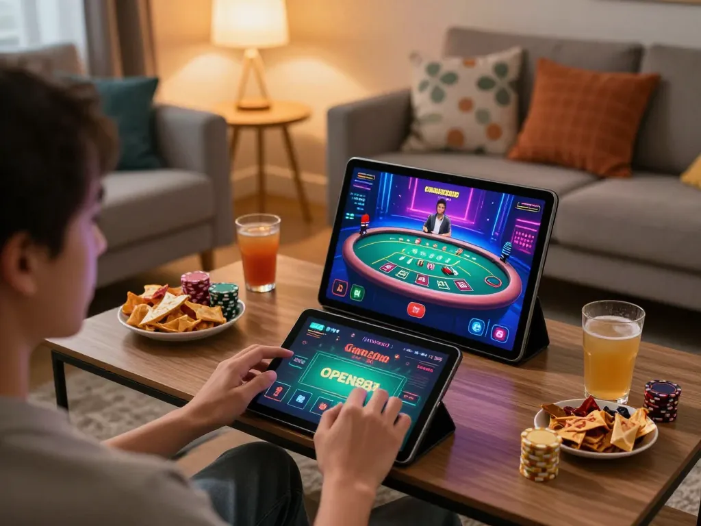 Playing Game open88 on a tablet in a cozy home setup with modern decor and live dealer game interface.