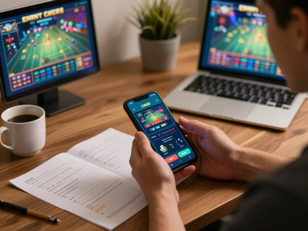 Player using the CM88 app for online gambling, surrounded by strategy notes and a relaxing atmosphere