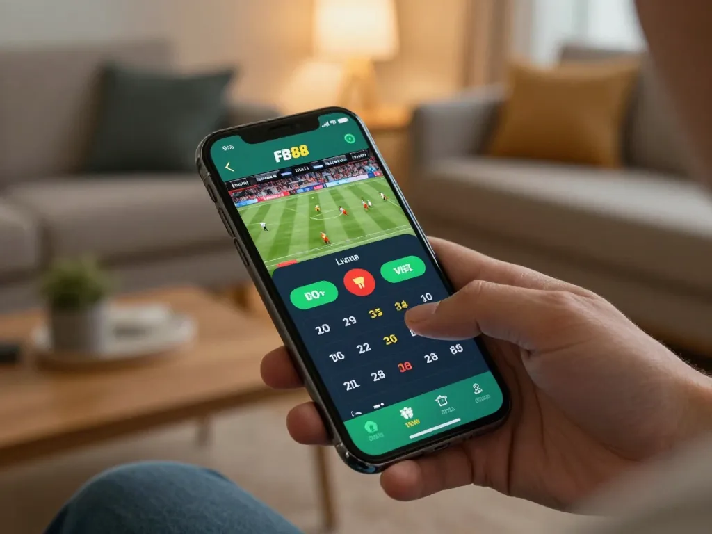Engaging in live betting on the FB88 app in a cozy home setting with a smartphone.