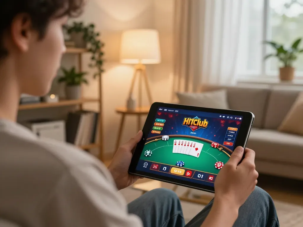 Action-packed scene of a player enjoying Hitclub's online casino games at home, engaging with a poker interface.