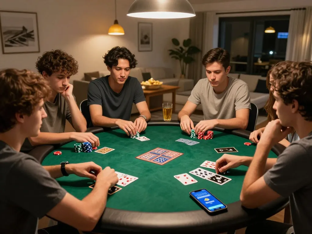Friends enjoying a poker game while using the nhà cái 79king app, showcasing social gambling fun.