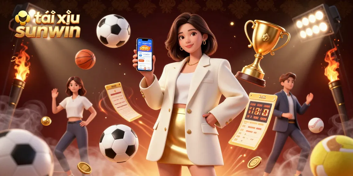 Betting on tài xỉu sunwin with a vibrant 3D illustration showcasing a main character and dynamic sports elements.