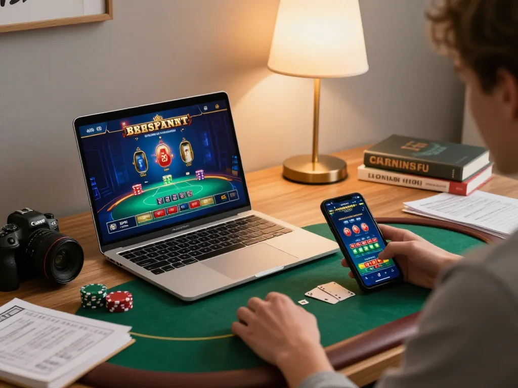 Engaging in online poker gameplay on NK88 platform from a cozy home office.