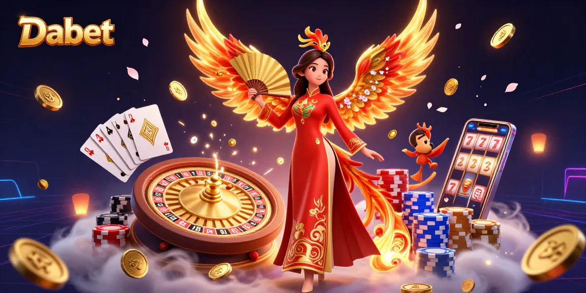 Dabet showcases a vibrant casino scene with a graceful woman and a phoenix amidst golden coins and gaming elements.
