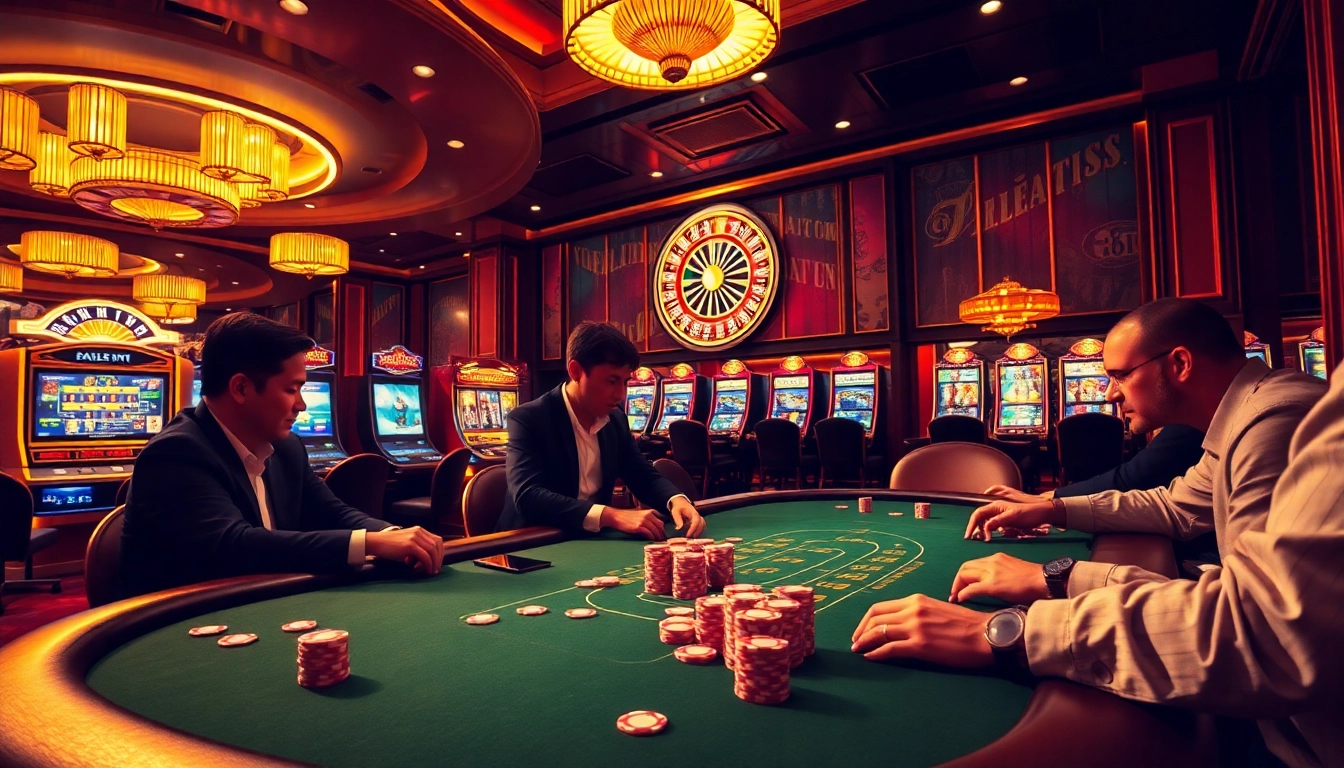 Exciting gambling scene showcasing tỷ lệ kèo at a professional casino table with poker players.