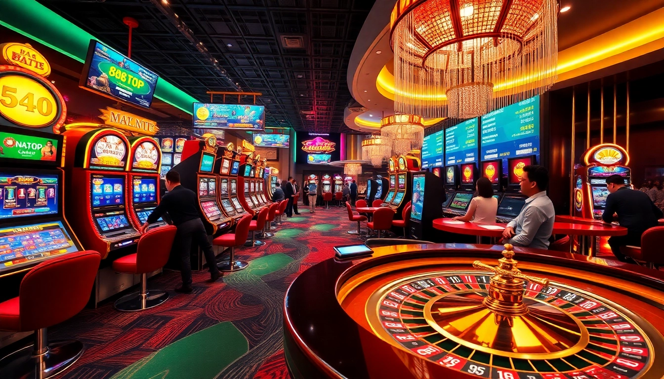 Experience the thrill of Nhà Cái 888TOP with vibrant casino games surrounded by engaging elements.