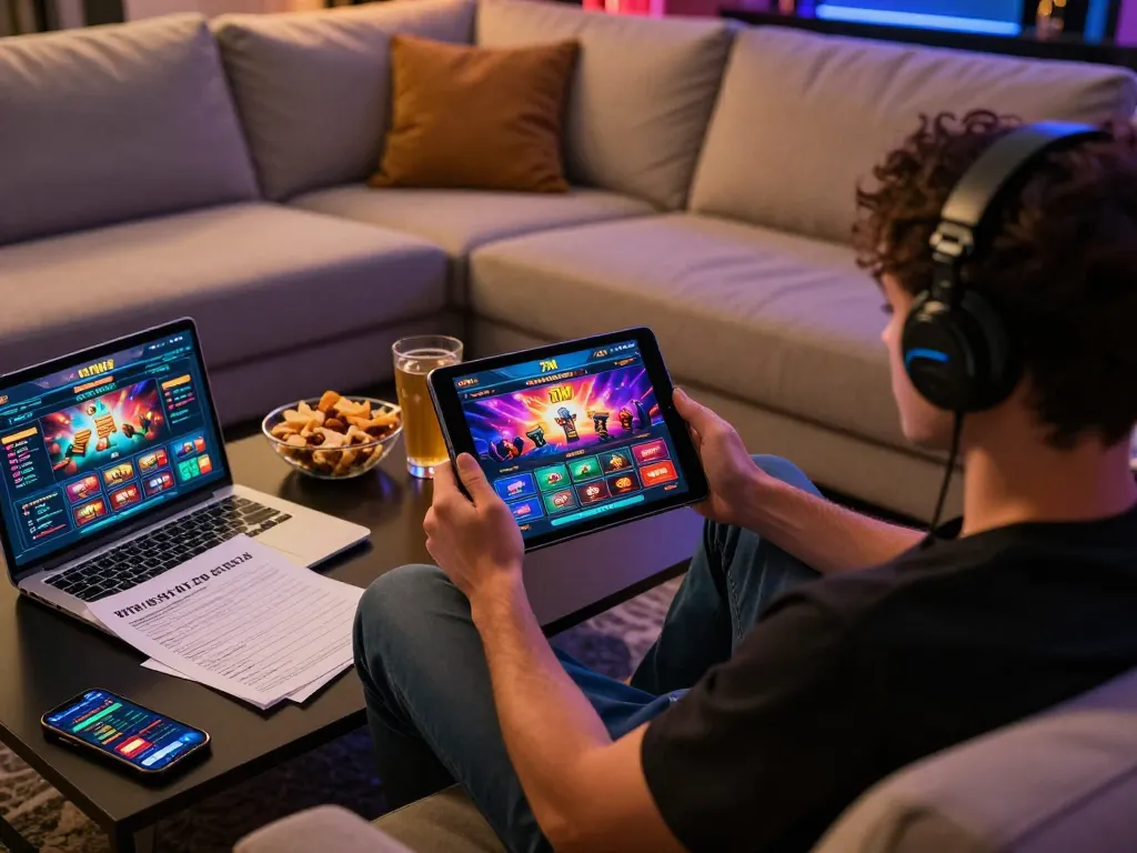 Engaged user playing on 7M's online casino platform with tablet, showcasing comfortable home gaming.
