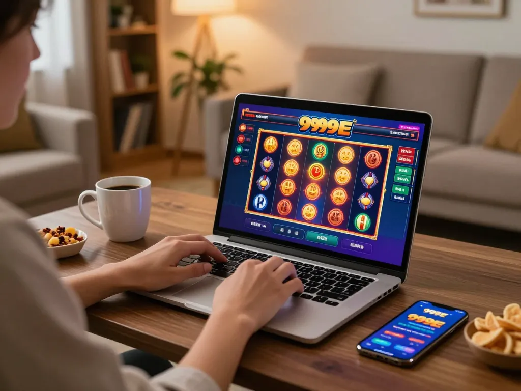 Enjoying online gambling at 999E with vibrant gameplay displayed on the laptop in a cozy home setting.