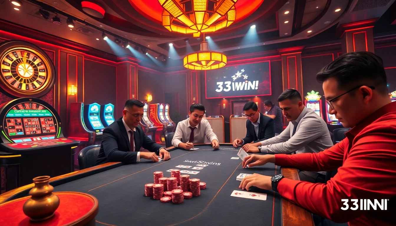 Experience the excitement of a high-stakes poker game at 33WIN Casino with vibrant poker chips and cards.