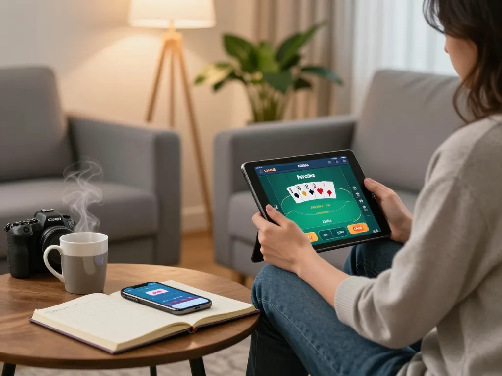 Engaged player using uu88 app for online poker in a cozy living room.