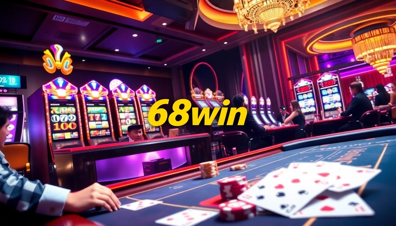 Players enjoying thrilling casino games at 68win, featuring tables and vibrant slot machines.